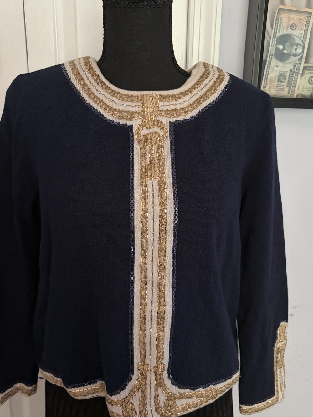 St. John Navy Long Sleeve Dress Jacket with Gold & Cream Trim